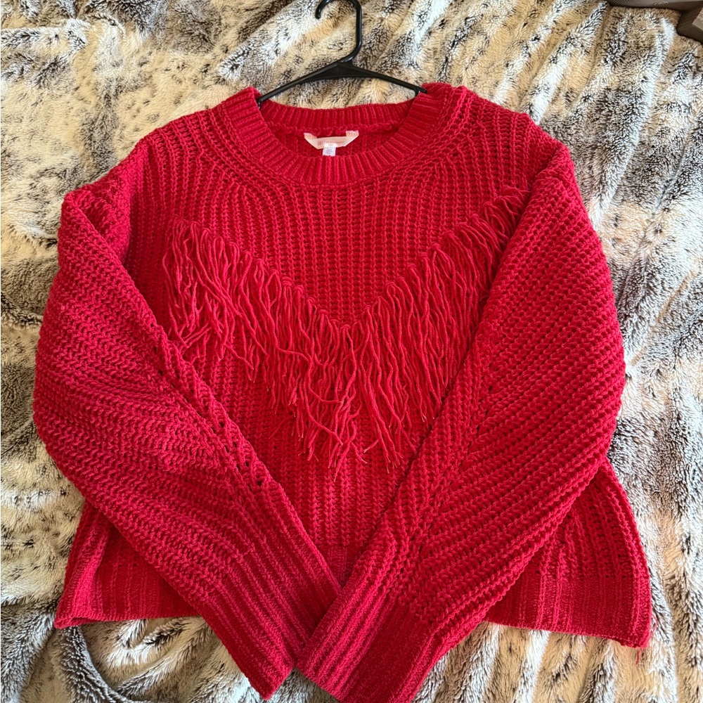 No Boundaries Red Fringe Crew Neck Sweater